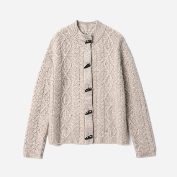 WZK08124 茉莉雅集 老钱风厚磅绞花意大利全羊绒立领针织开衫女