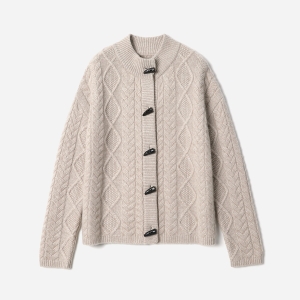 WZK08124 茉莉雅集 老钱风厚磅绞花意大利全羊绒立领针织开衫女